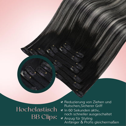 Clip-in Echthaar Extensions Schwarz-Silber Mix 45cm