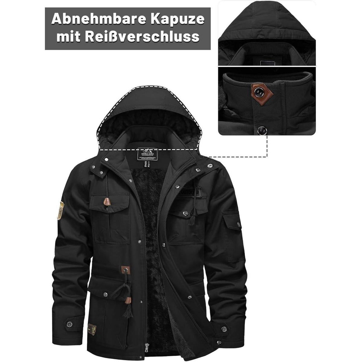 Herren Winterjacke Warm Gefüttert Militärstil Schwarz