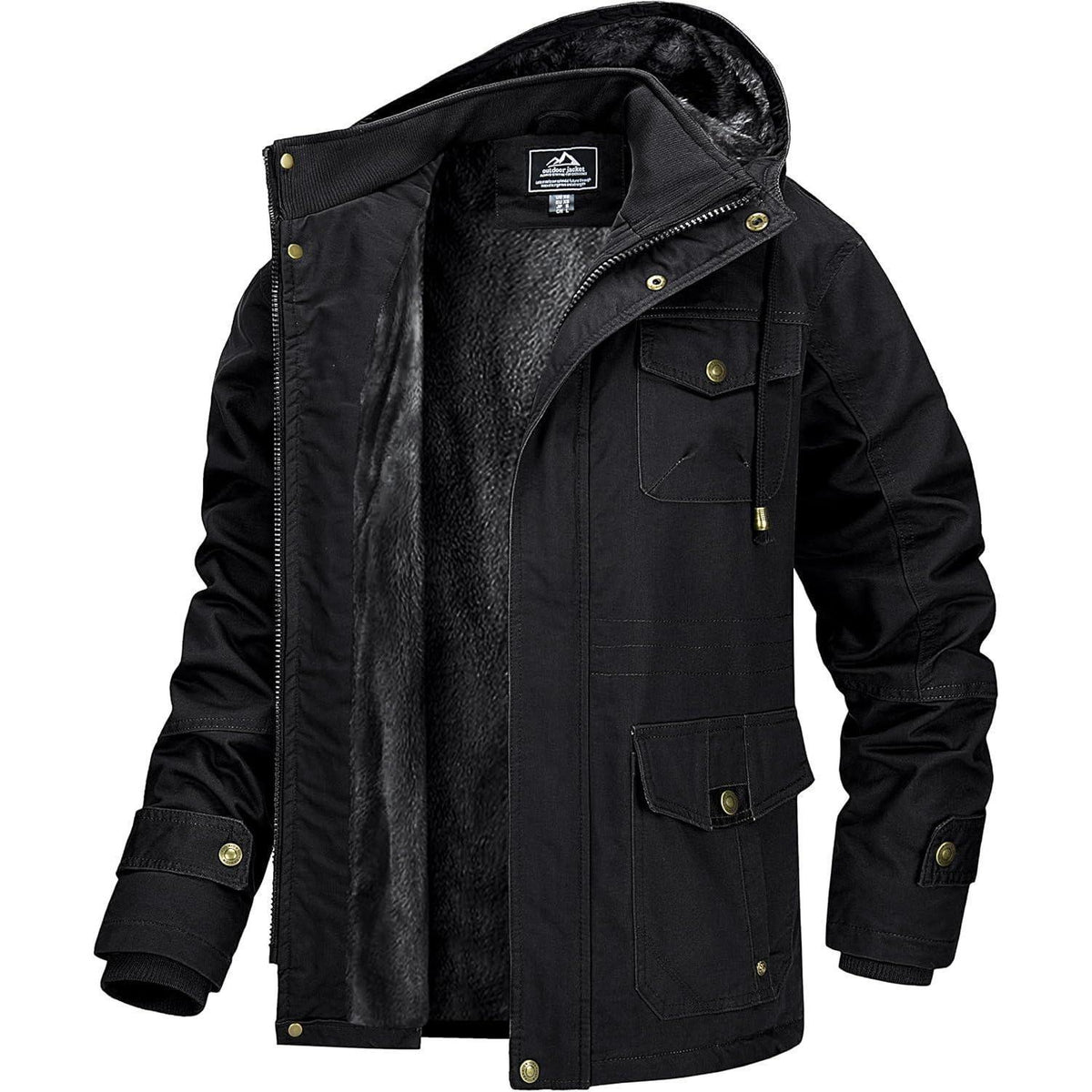 Herren Winterjacke gefüttert Fleece Parka mit Kapuze Schwarz