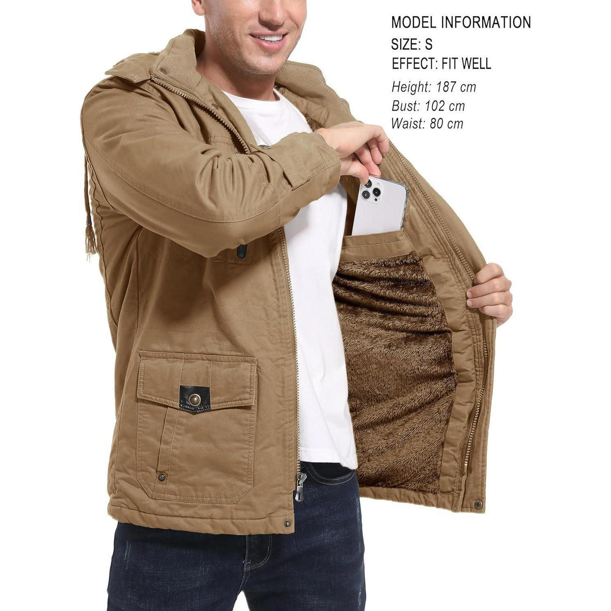 Warme Herren Winterjacke mit abnehmbarer Kapuze Khaki