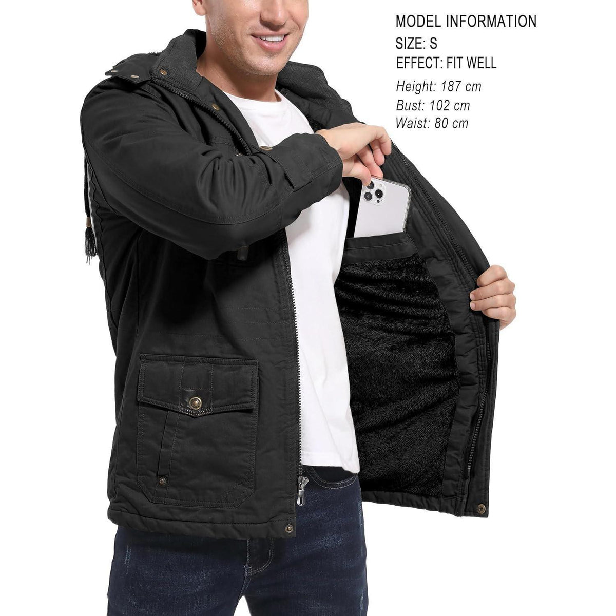 Herren Winterjacke gefüttert Fleece Parka mit Kapuze Schwarz XL