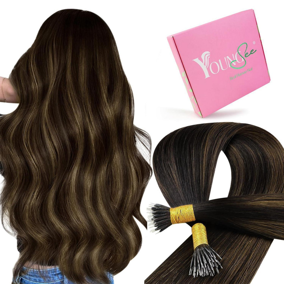 Echthaar Nano Ring Extensions Braun Ombre 35cm Haarverlängerung
