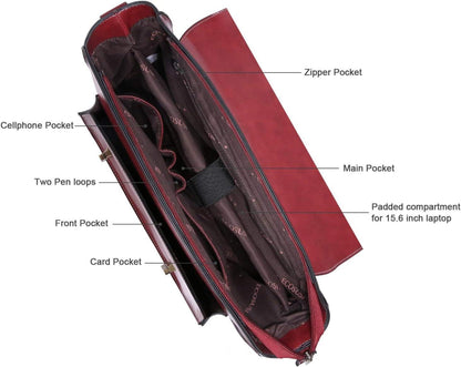 ECOSUSI Laptoptasche Damen 15,6 Zoll Schultertasche Leder Umhängetasche Rot
