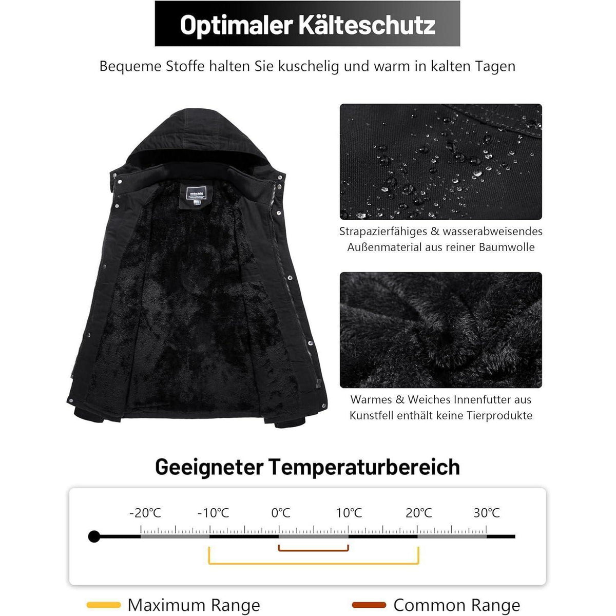 Herren Winterparka Fleecegefüttert mit Taschen & Kapuze Schwarz