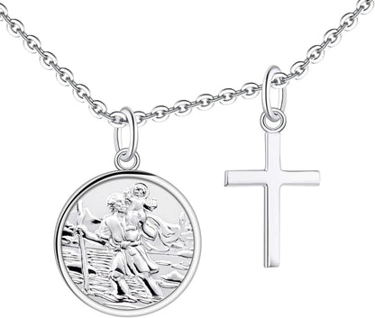 925 Sterling Silber Heiliger Christophorus Kette mit Kreuz und Münze
