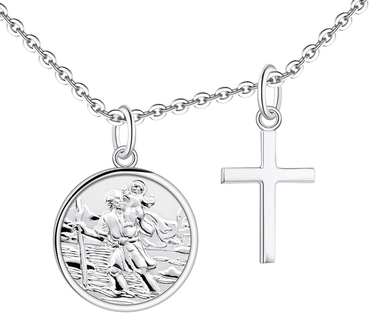 925 Sterling Silber Heiliger Christophorus Kette mit Kreuz und Münze