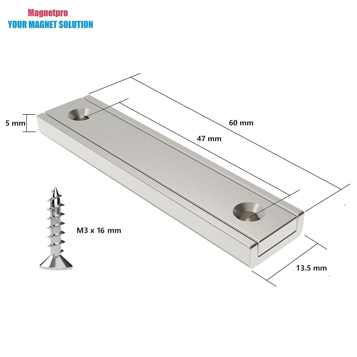 8er Set Starkes Rechteckmagnet 30 KG Kraft 60 x 13,5 x 5 mm Silber