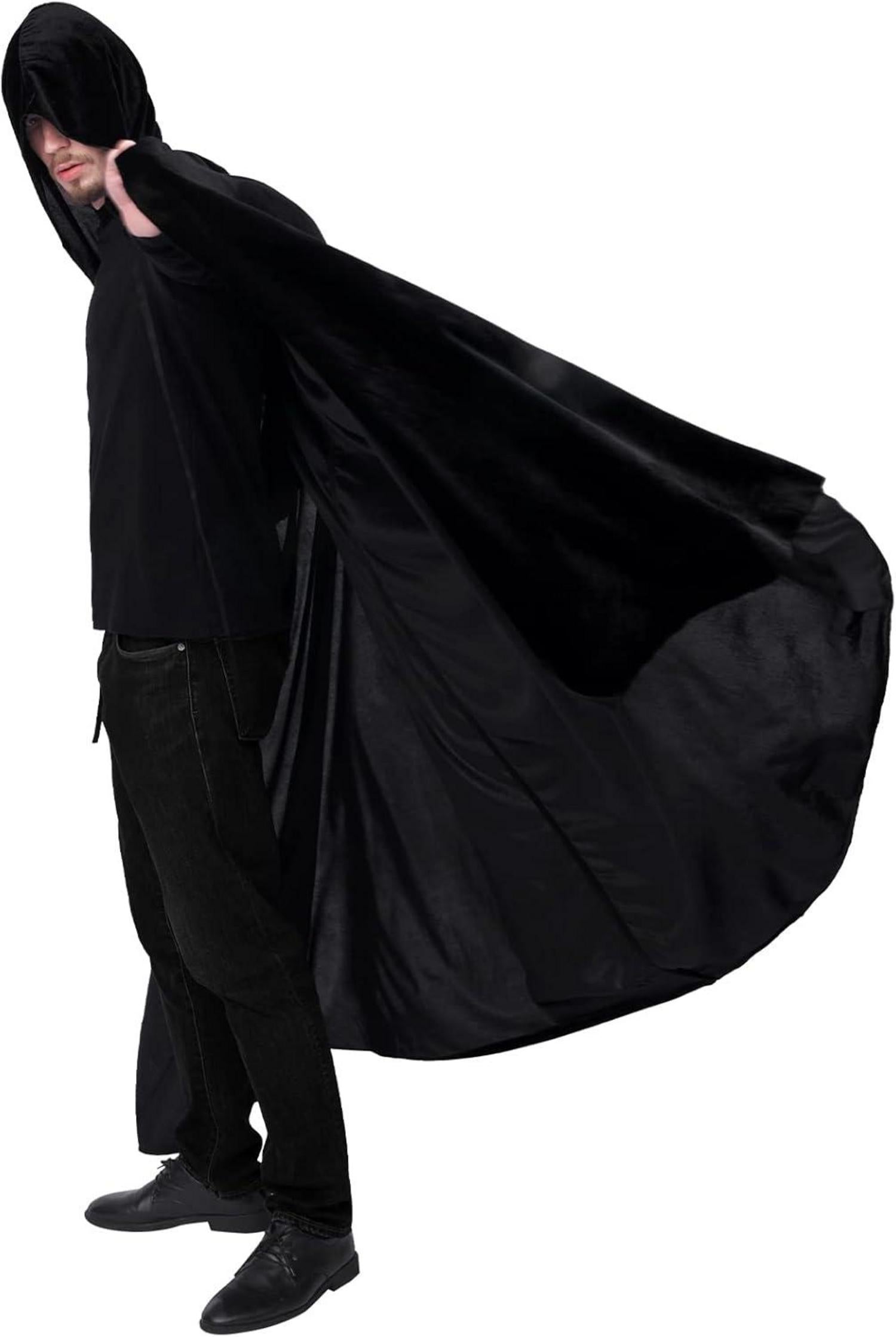 Schwarzer Samt Umhang mit Kapuze Unisex Halloween Kostüm XXL