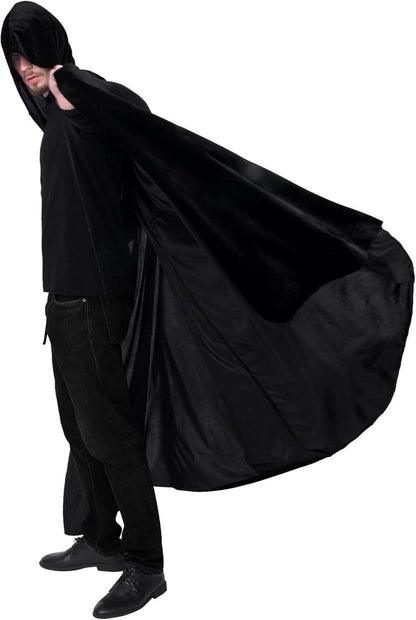 Schwarzer Samt Umhang mit Kapuze Unisex Halloween Kostüm XXL