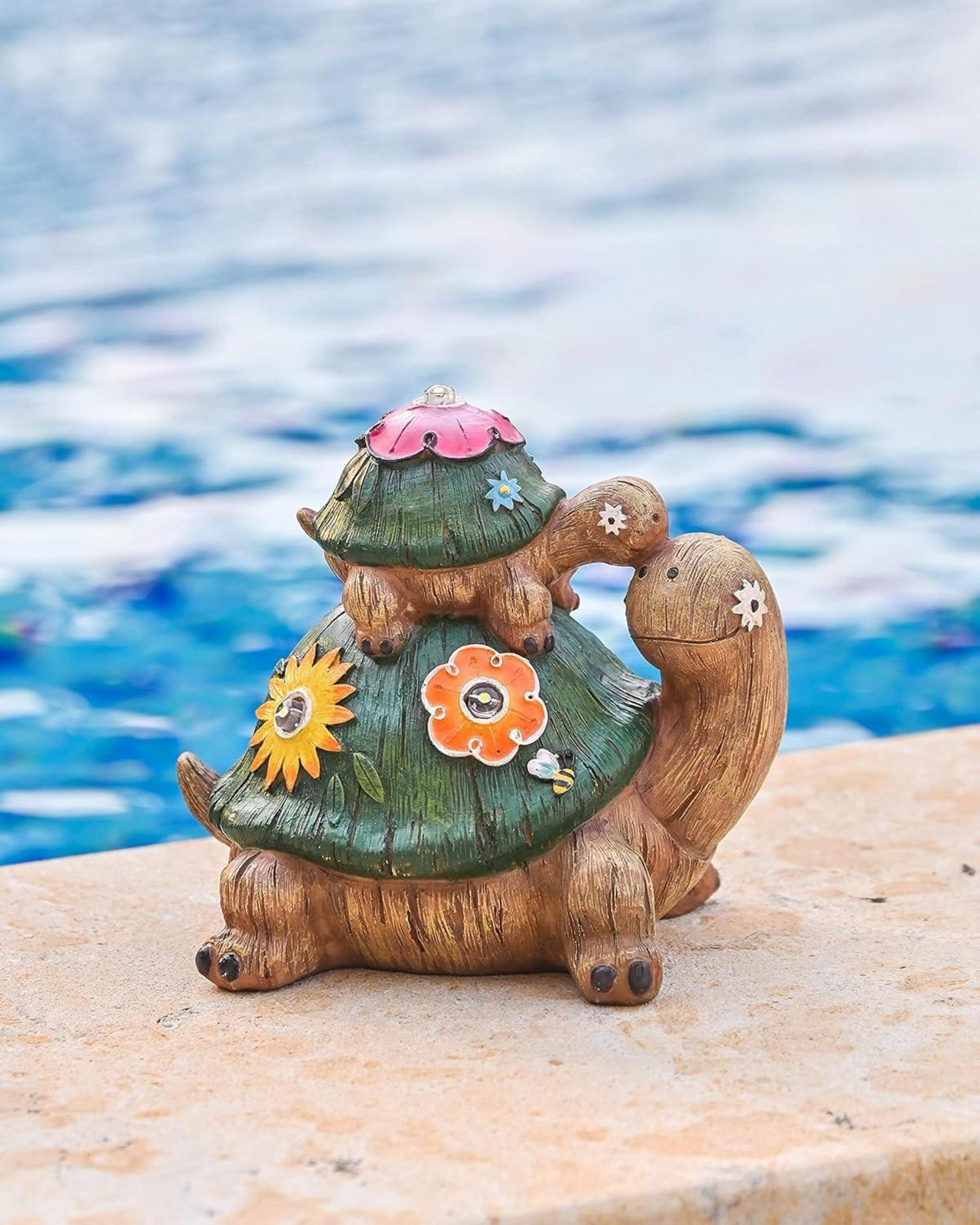 Solar Schildkröten Gartenfiguren aus Kunstharz 17cm - Wasserfest - Mutter und Baby - Gartendeko, Hof, Balkon