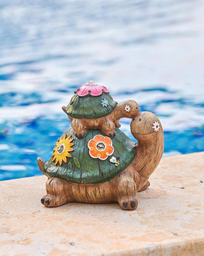Solar Schildkröten Gartenfiguren aus Kunstharz 17cm - Wasserfest - Mutter und Baby - Gartendeko, Hof, Balkon