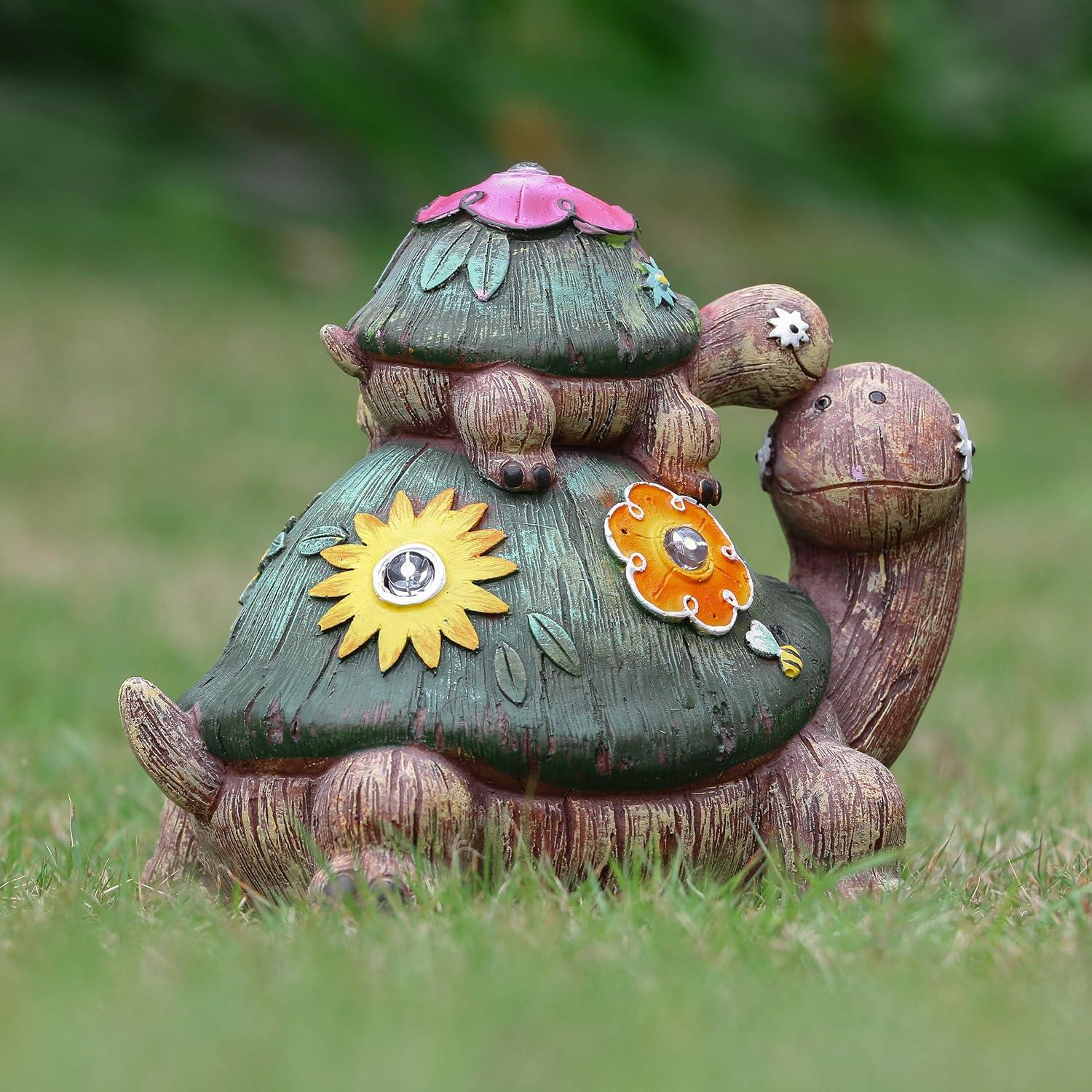 Gartenfiguren Schildkröten Solarlampe Mutter Baby 17cm Grün Braun