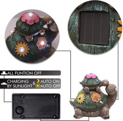 Solar Schildkröten Gartenfiguren aus Kunstharz 17cm - Wasserfest - Mutter und Baby - Gartendeko, Hof, Balkon