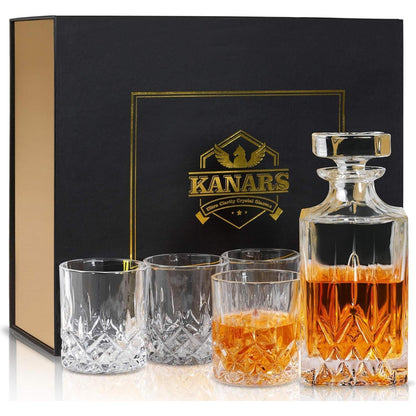 Whiskey Karaffe Set: Kristallglas Dekanter 750ml + 4 Gläser
