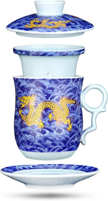 Chinesische Teetasse Porzellan Sieb Drache Muster Blau