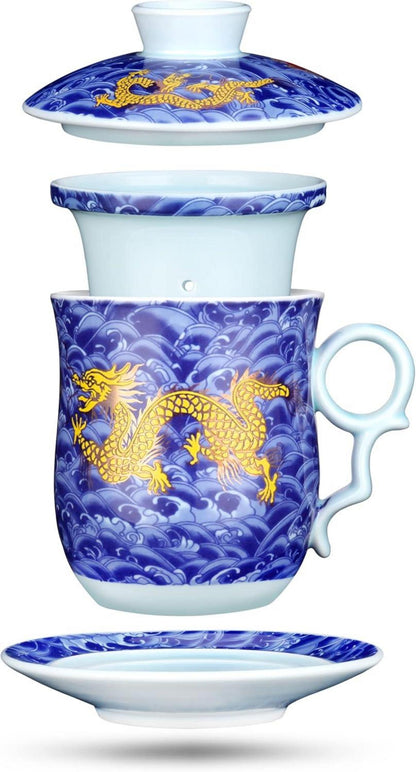 Chinesische Teetasse Porzellan Sieb Drache Muster Blau