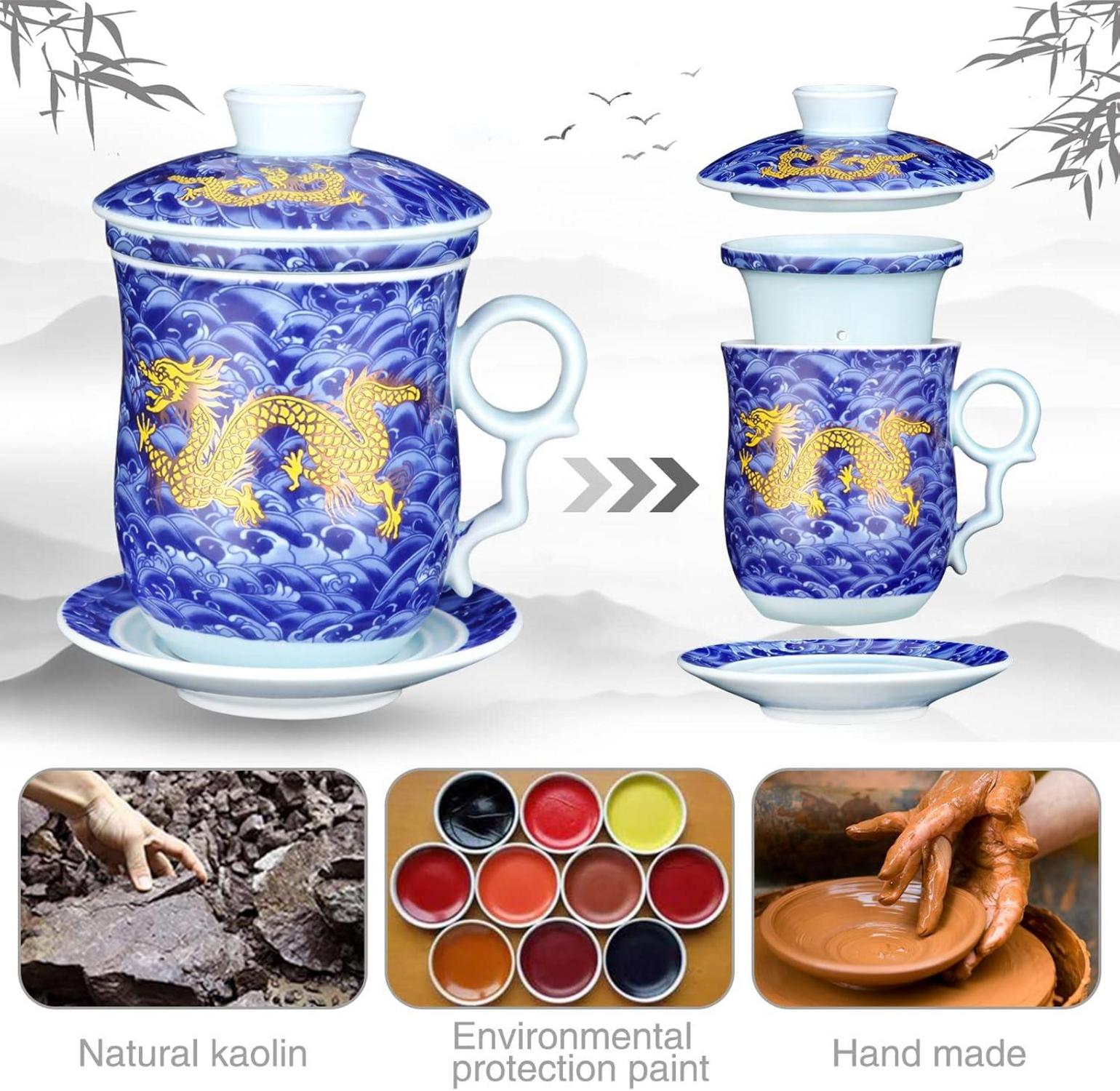 Chinesische Teetasse 400ml Porzellan Sieb Deckel Drache Blau