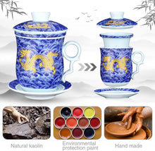 Chinesische Teetasse 400ml Porzellan Sieb Deckel Drache Blau