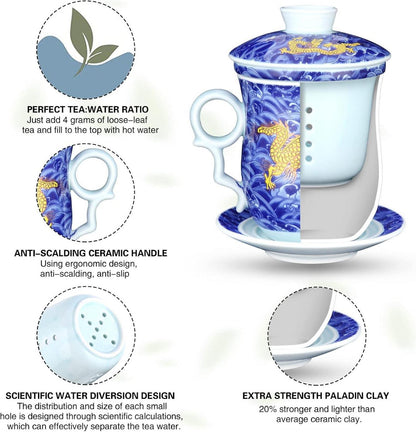 400 ml Chinesische Teetasse Porzellan Drache Blau Sieb Deckel Untertasse
