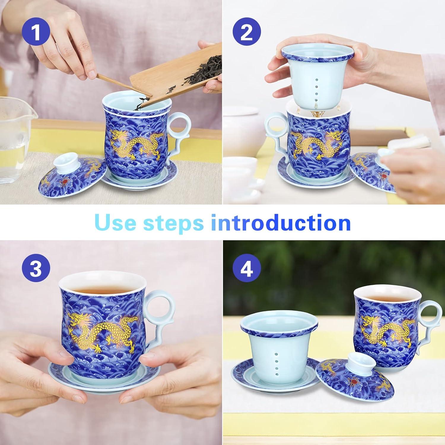 Chinesische Teetasse Porzellan Tee Becher 400ml mit Sieb Deckel Blau