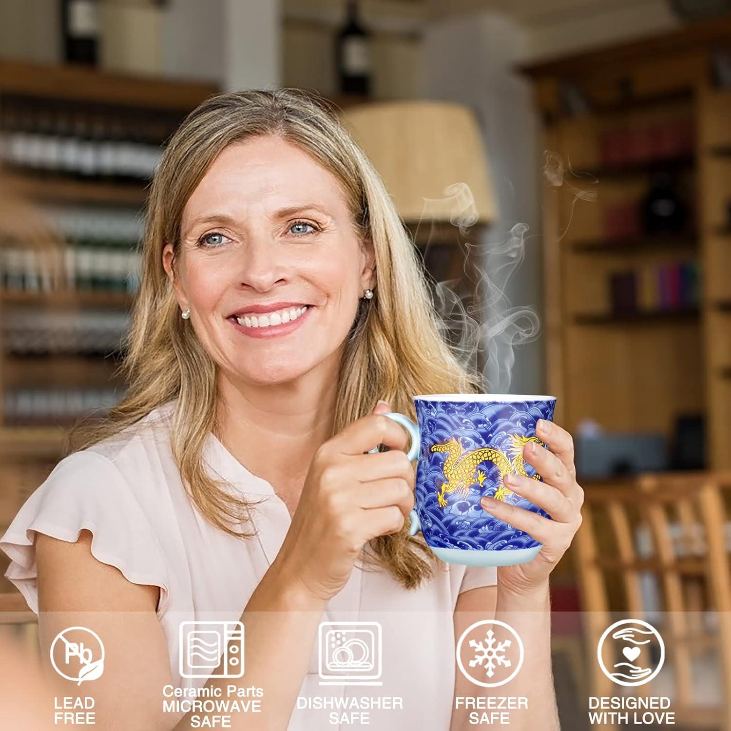 Chinesische Teetasse mit Sieb und Deckel, Drachenmuster, 400ml Blau