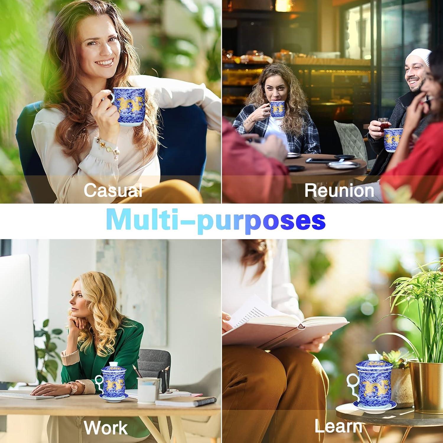 Chinesische Teetasse Porzellan Tee Becher 400ml mit Sieb Deckel Blau