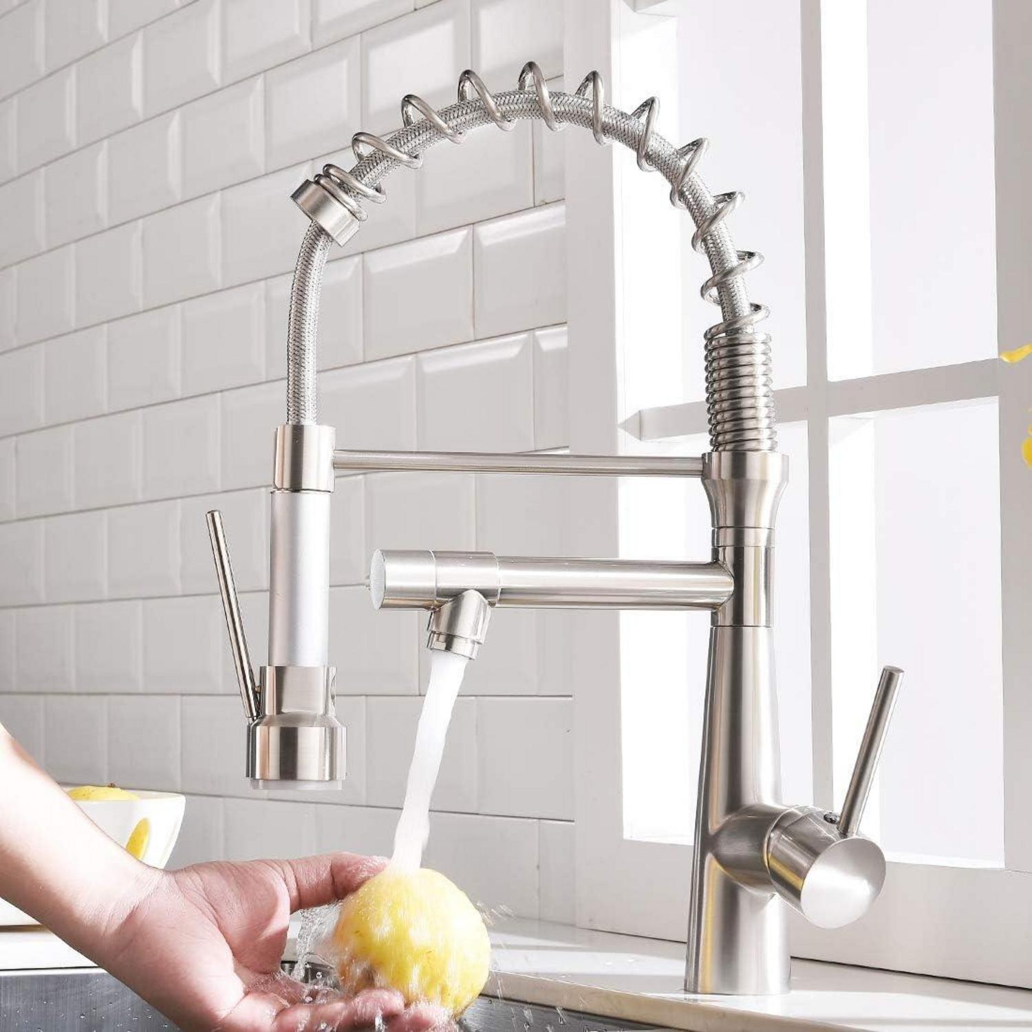 Küchenarmatur mit Spiralfeder, ausziehbar, schwenkbar, gebürstetes Nickel, Einhebel Mischbatterie, Pull-Down-Spray, Hochdruck