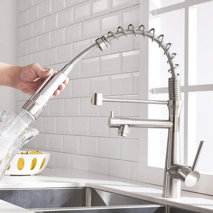Küchenarmatur mit Spiralfeder, ausziehbar, schwenkbar, gebürstetes Nickel, Einhebel Mischbatterie, Pull-Down-Spray, Hochdruck