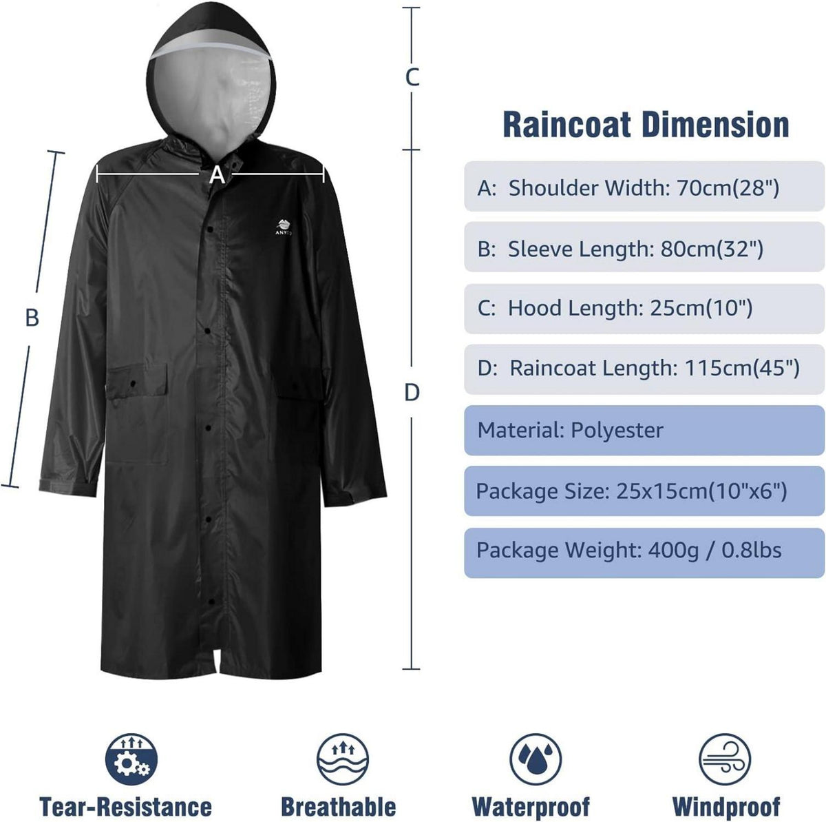 ANYOO Wasserdichter Regenponcho mit Kapuze für Radfahren und Camping