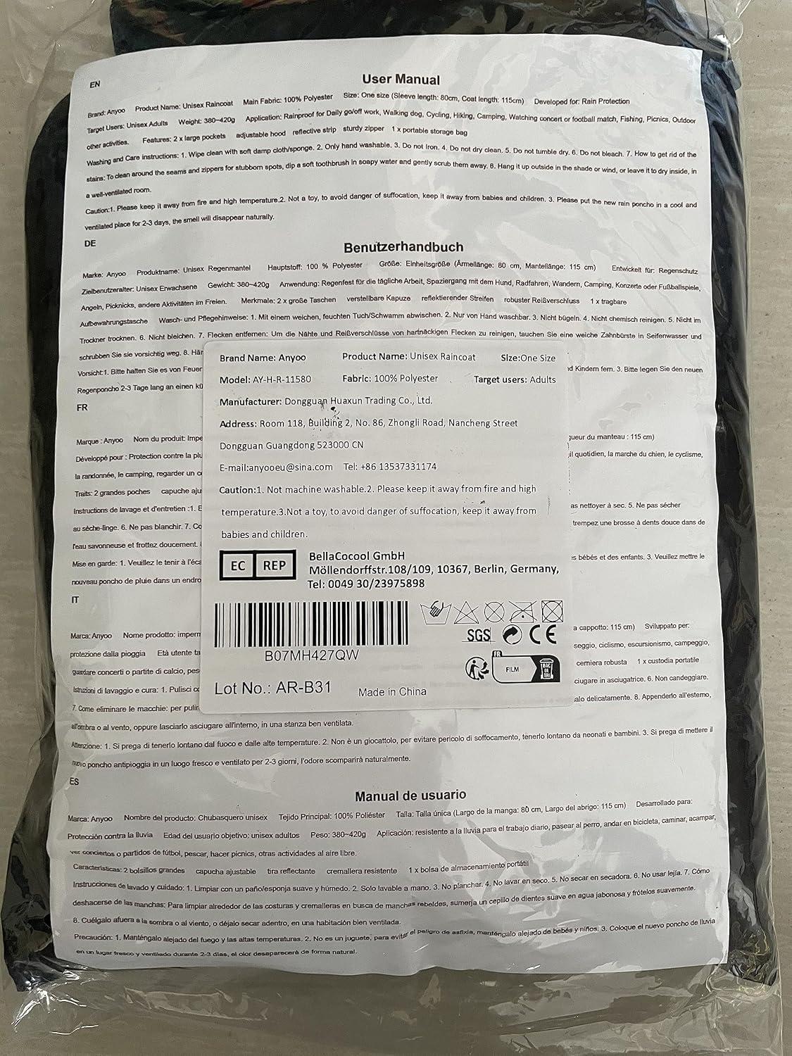 ANYOO Wasserdichter Regenponcho mit Kapuze für Radfahren und Camping