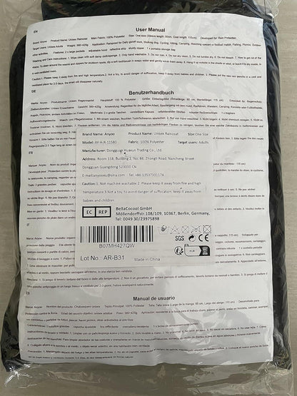 ANYOO Wasserdichter Regenponcho mit Kapuze für Radfahren und Camping