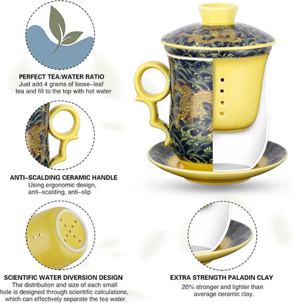 Chinesische Drachen-Teebecher-Set 400ml Keramik Sieb Deckel Dunkelgrün