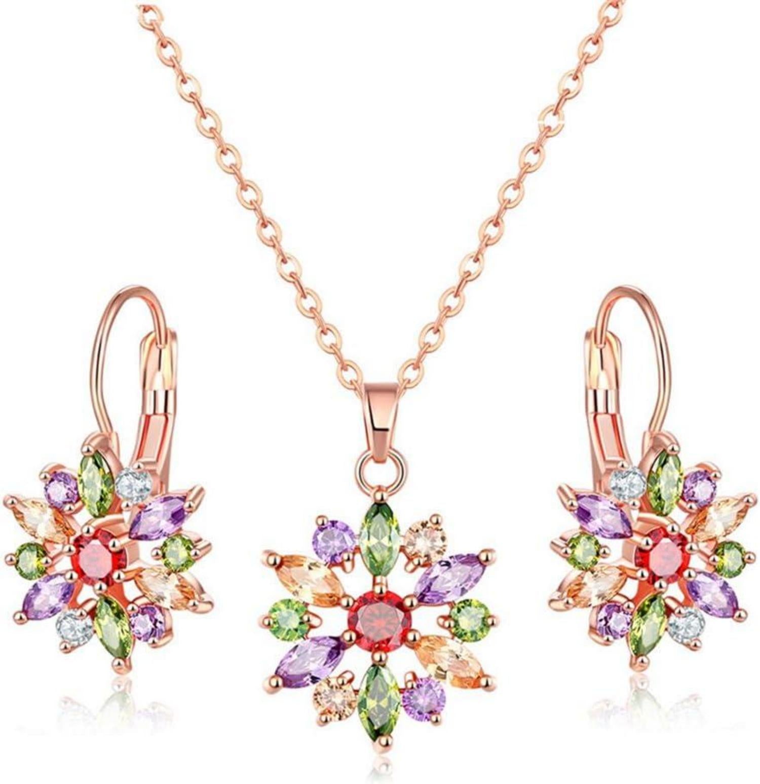 Schmuckset Blume Halskette Creolen Ohrringe Rosegold Zirkonia