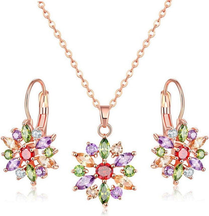 Schmuckset Blume Halskette Creolen Ohrringe Rosegold Zirkonia