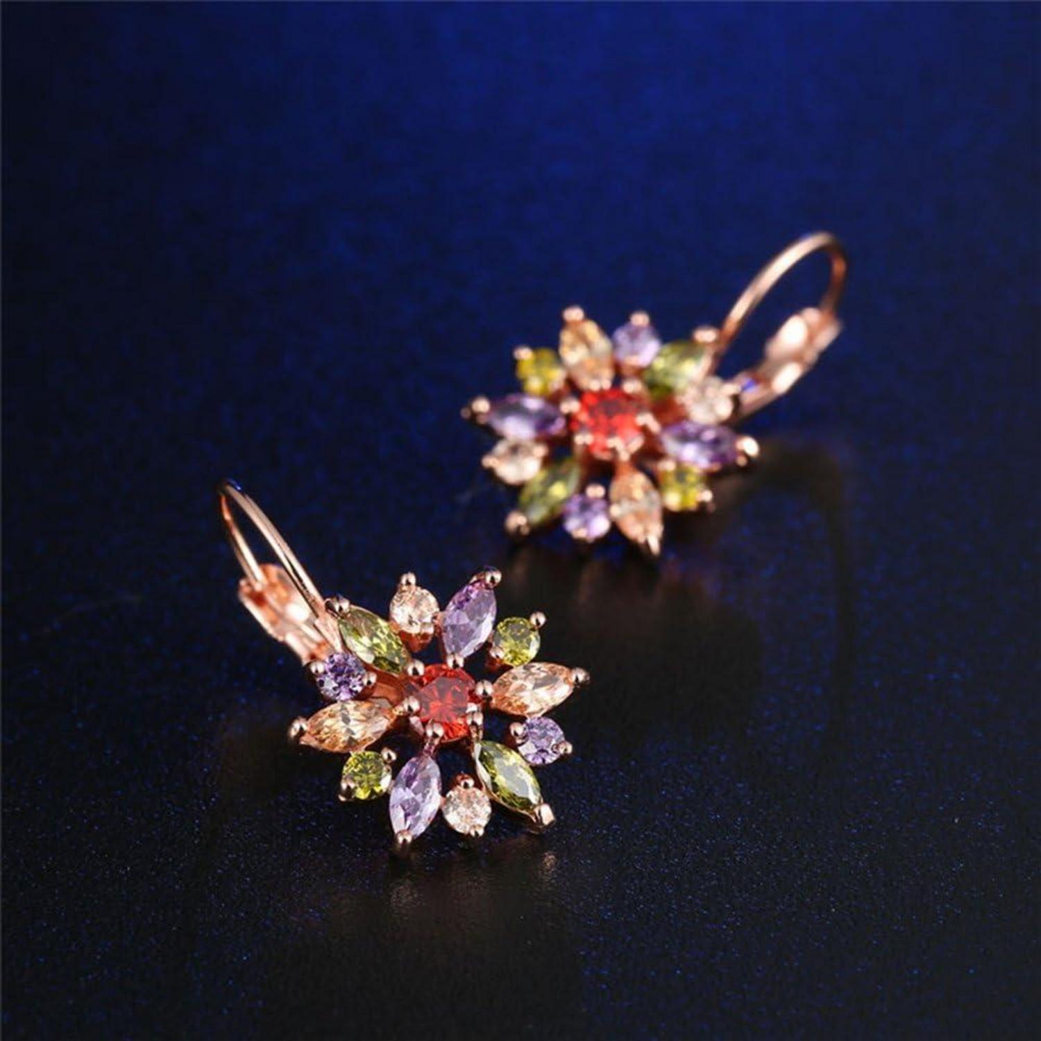 Damen Schmuckset Blume Halskette Creolen Ohrhänger Rosegold Zirkonia