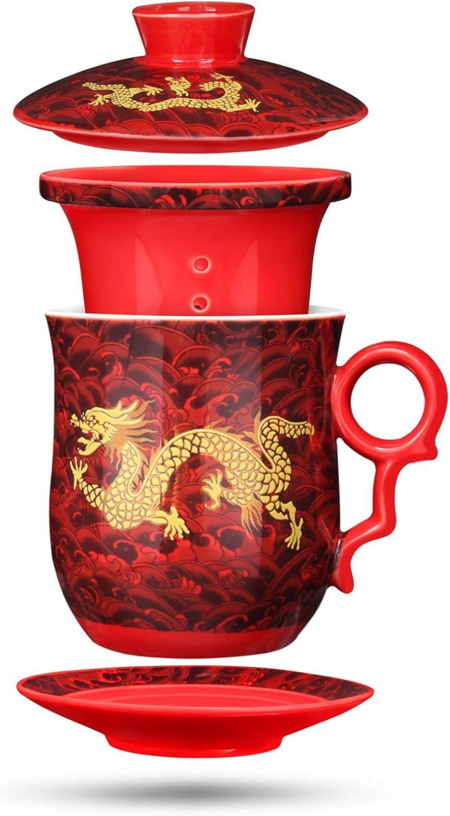 Chinesische Teetasse mit Sieb Deckel Infusor Untertasse 400ml