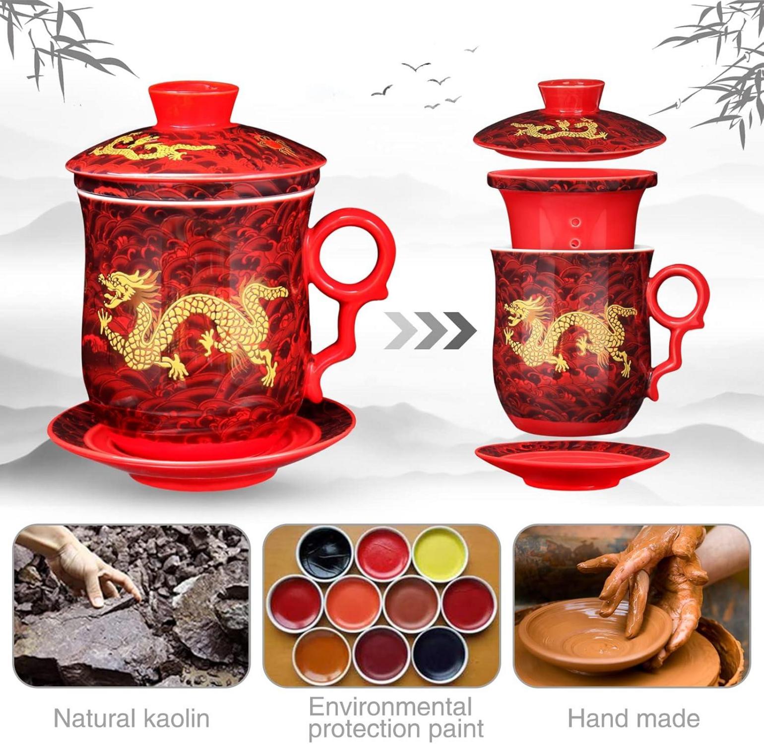 Chinesische Teetasse mit Sieb, Deckel & Untertasse 400ml