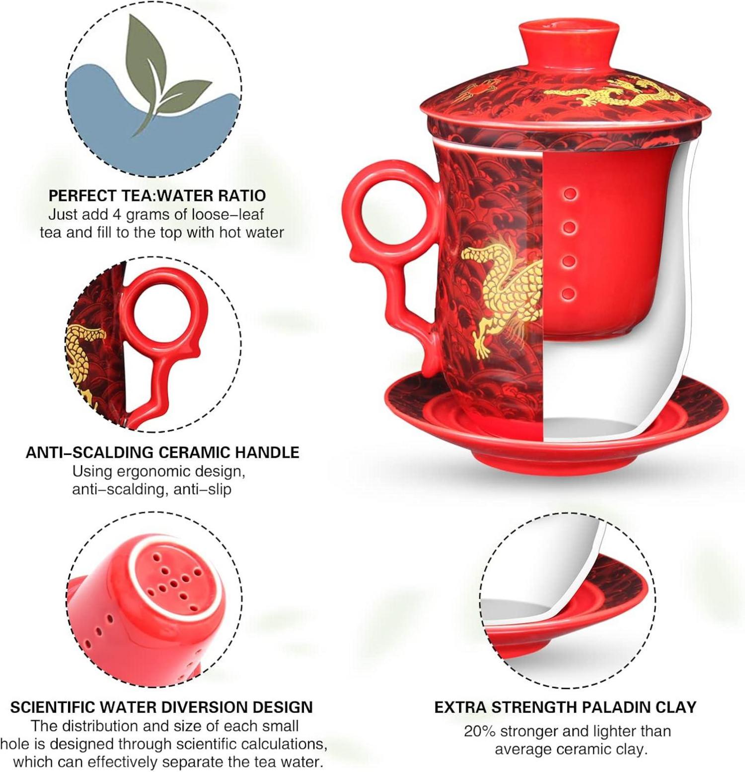 Chinesische Teetasse mit Drachenmuster - Porzellan Teeset 400ml - Rot