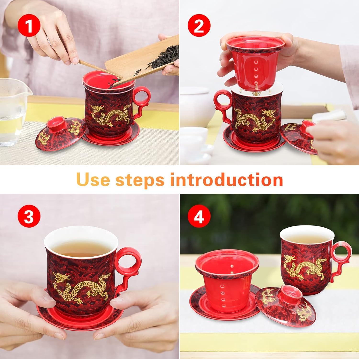 Chinesische Teetasse mit Sieb, Deckel, Infusor - 400ml Porzellan Rot