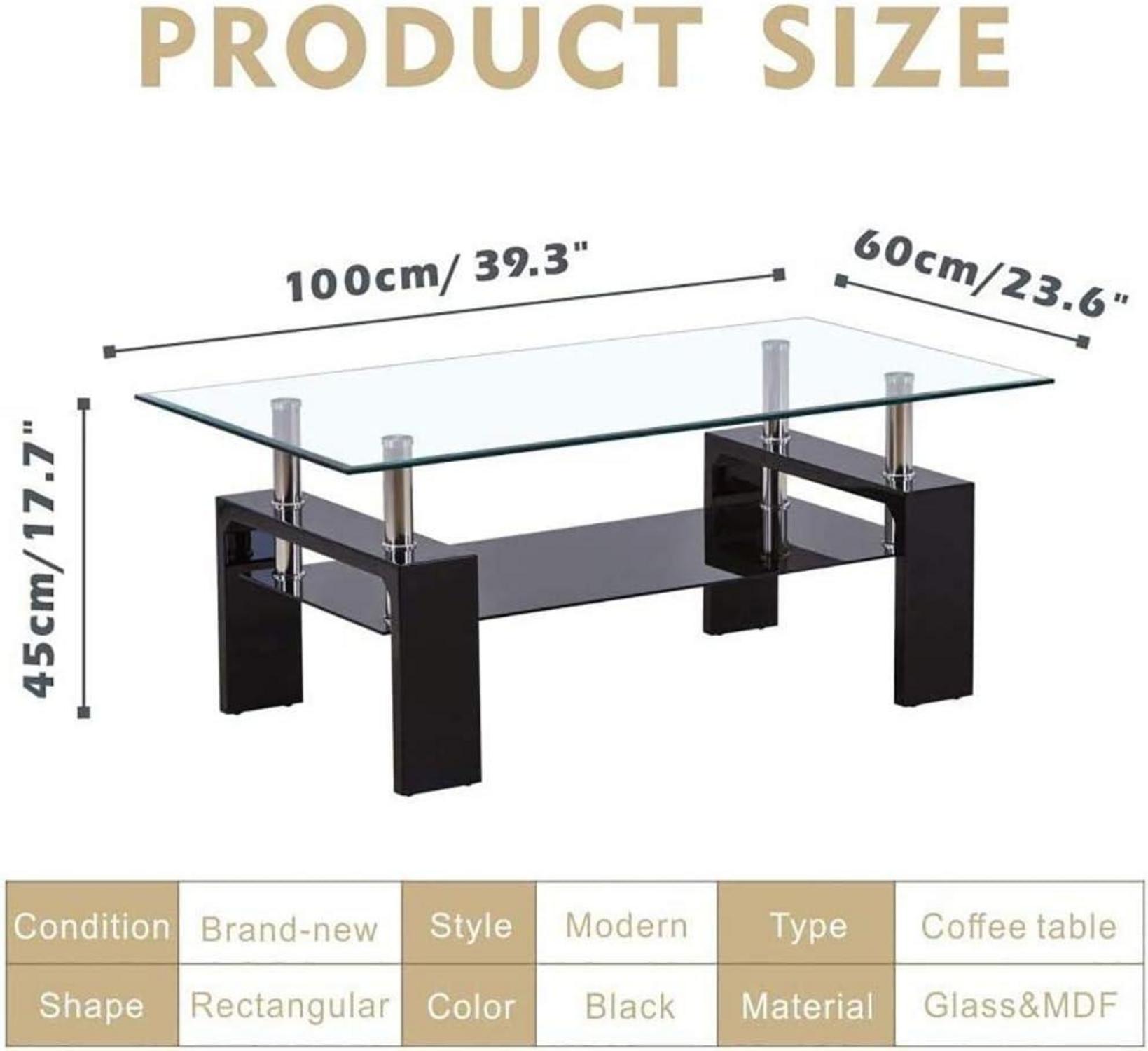 Moderne Glas Couchtisch Schwarz Hochglanz 100x60x45 cm