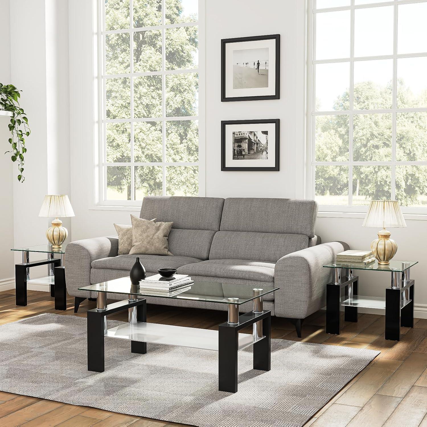 Moderne Glas Couchtisch Schwarz Hochglanz 100x60x45cm