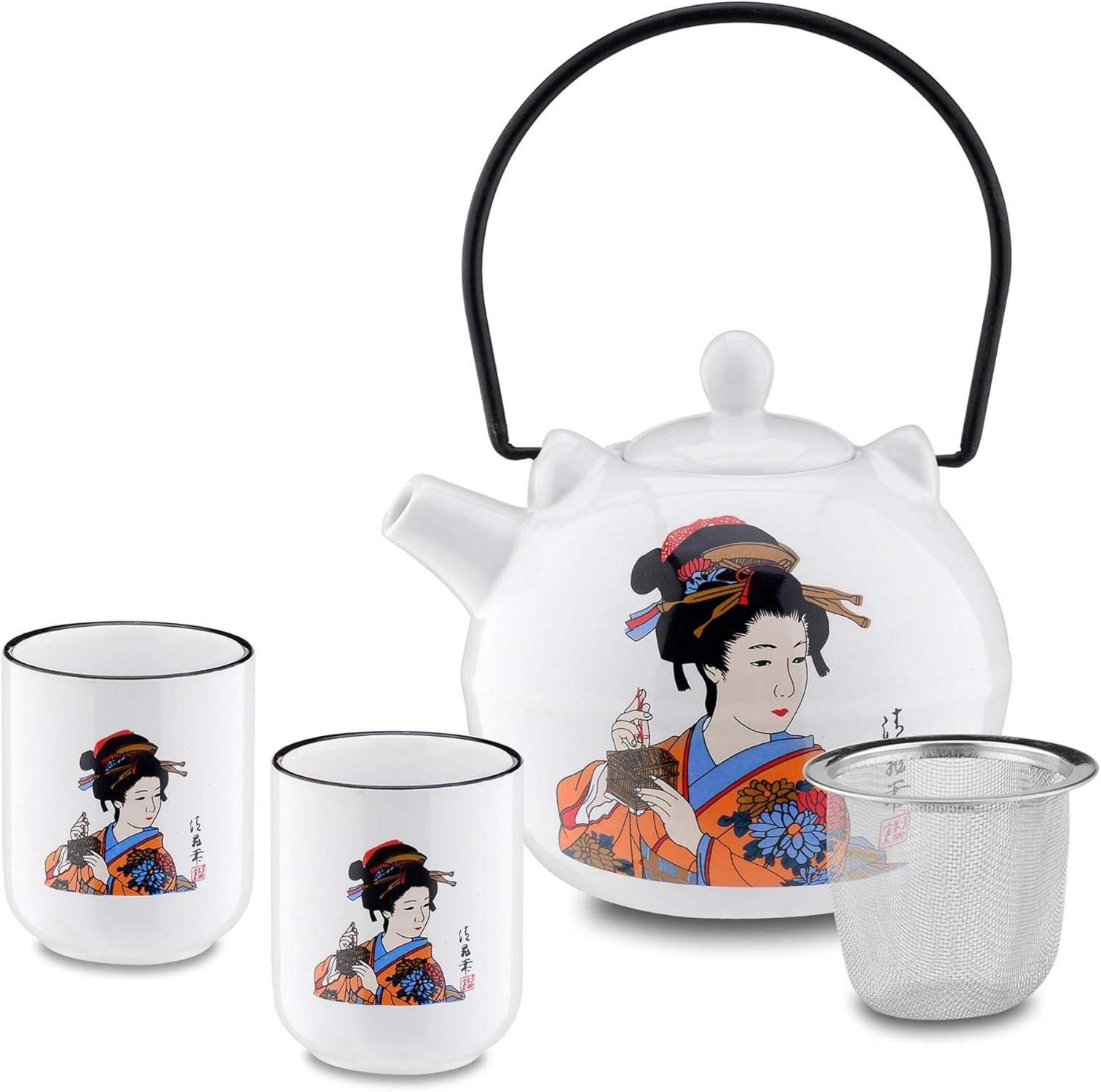 Japanisches Porzellan Teeset mit Teekanne, 2 Teetassen, Edelstahl