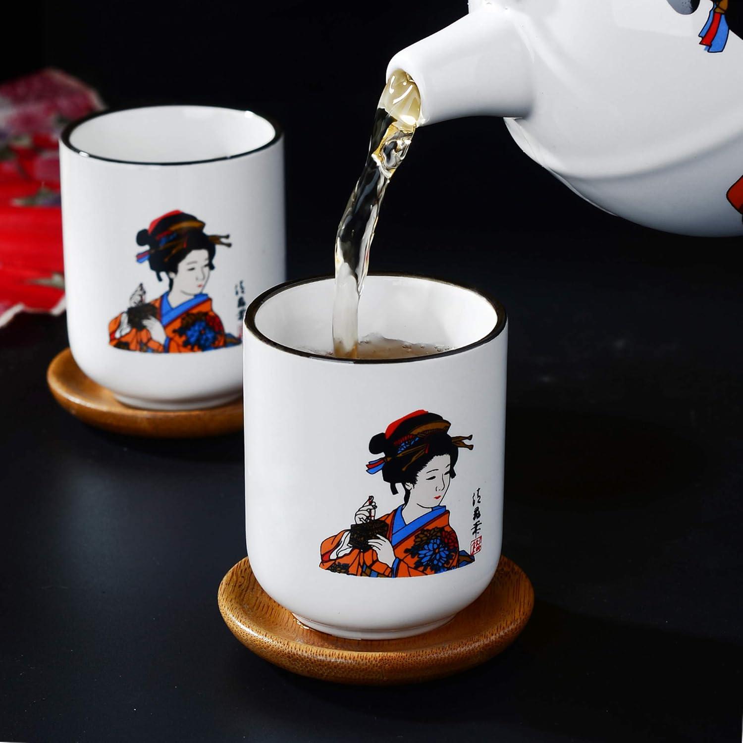 Japanisches Porzellan Teeset mit Teekanne, Teetassen, Edelstahl Teesieb - Weiß, Kabuki Dekor