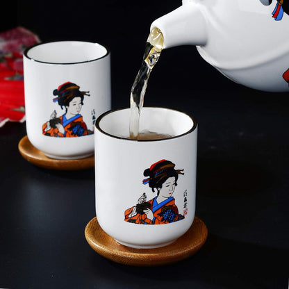 Japanisches Porzellan Teeset mit Teekanne, Teetassen, Edelstahl Teesieb - Weiß, Kabuki Dekor