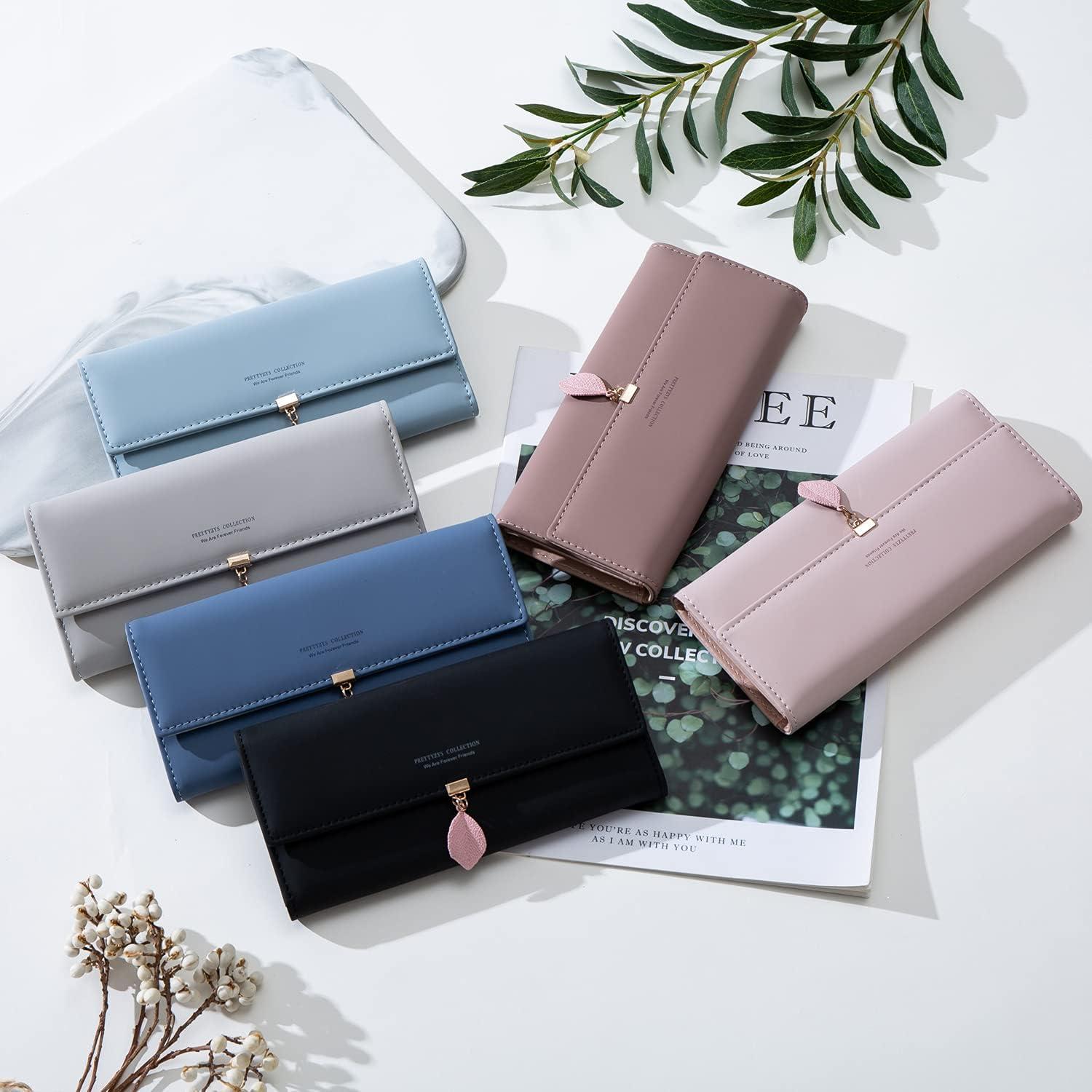 Damen Geldbörse Groß mit Blattdekor, viele Fächer, Damen Geldbeutel Elegant, Damen Groß Geldbörse Dunkelrosa