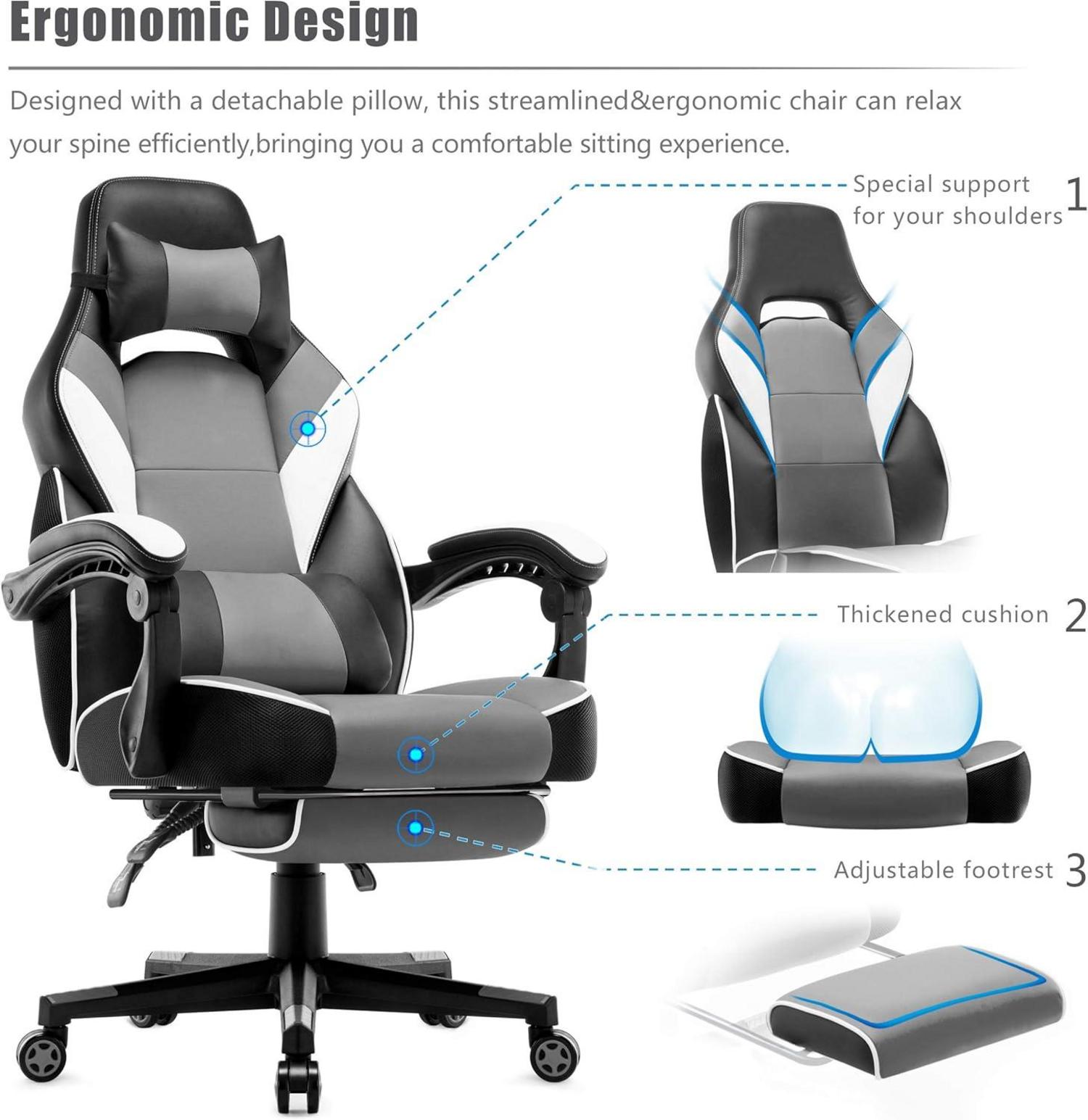 Ergonomischer Gaming Stuhl mit verstellbaren Armlehnen, Racing Design, Lendenkissen, Wippfunktion, Grau