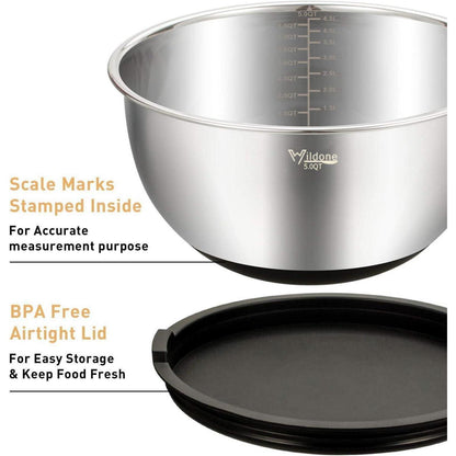 Edelstahl Rührschüsseln Set mit Deckeln, Reiben, Messmarken