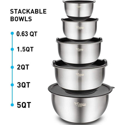 Edelstahl Rührschüsseln Set mit Deckeln, Reiben, Messmarken