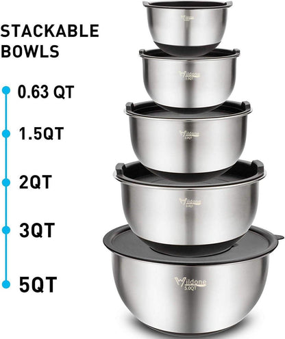 Edelstahl Rührschüsseln 5er Set luftdichte Deckel Reiben rutschfest 5pc+3graters