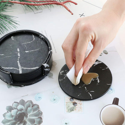 6er Set Homcomodar PU Leder Untersetzer Schwarz Marmormuster